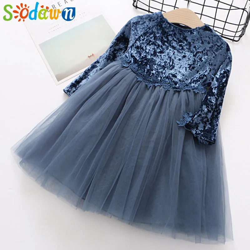 

Sodawn Autumn Winter New Baby Girls Clothes Kids Gold Velvet Mesh Stitching Lace Design Long Sleeve Princess Baby Girls Dress