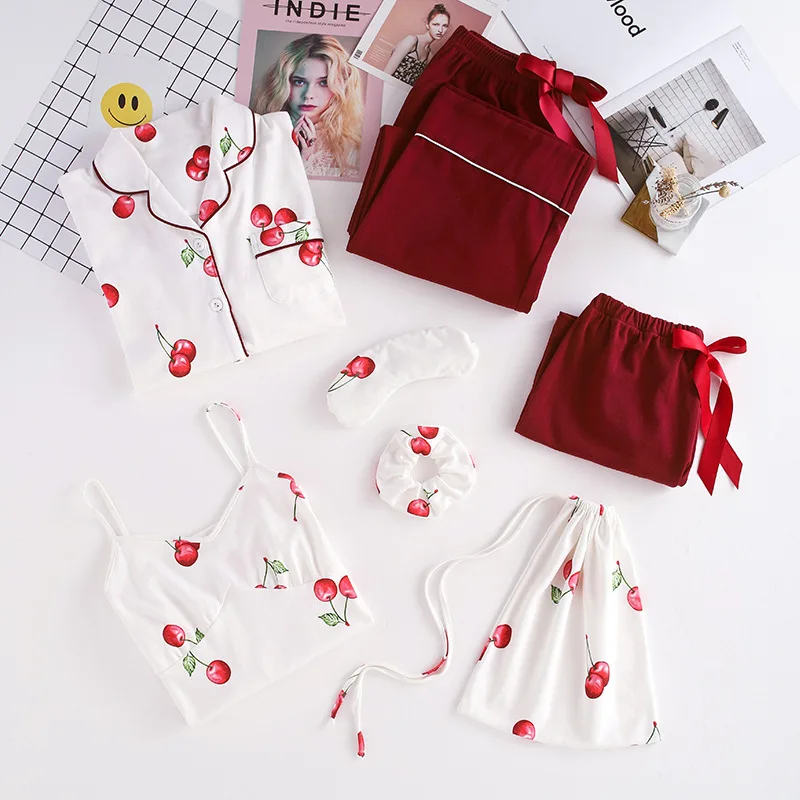 Women new cotton cute eye mask lady spring and summer thin style home wear print long sleeve seven piece pajama sets