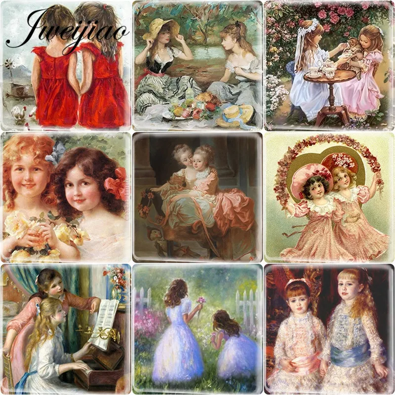

JWEIJIAO 5pcs Classic Two Sister Palying Art Painting Square Shape 12mm DIY Glass Cabochon Jewelry Accessories For Stud Earrings