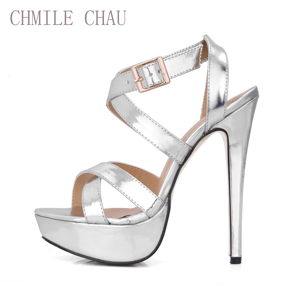 CHMILE CHAU/Серебристые пикантные вечерние туфли для свиданий; женские туфли на высоком каблуке-шпильке; женские босоножки на платформе с ремешком и пряжкой; zapatos mujer; 3463SL-A3