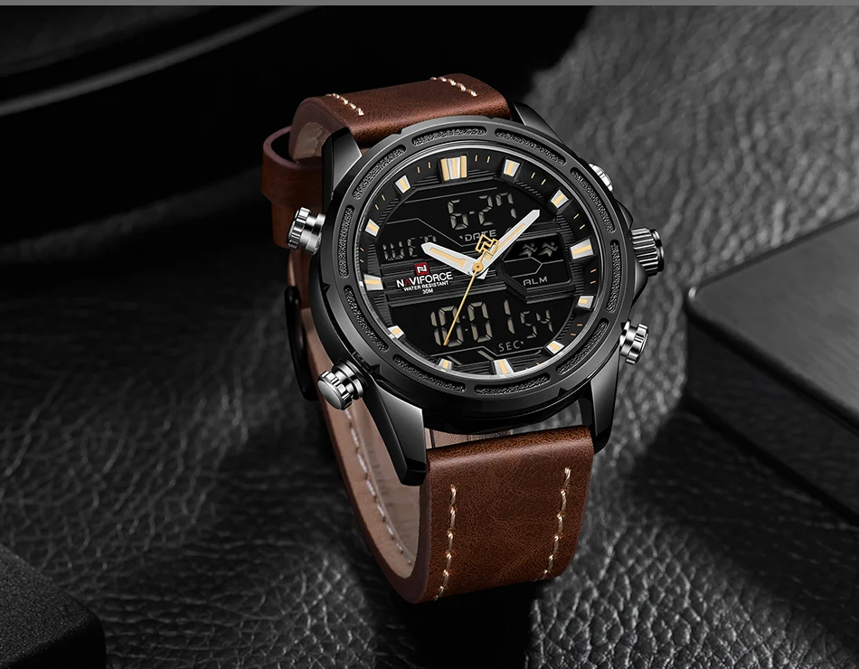 Топ люксовый бренд NAVIFORCE часы мужские модные спортивные часы Мужские Цифровые кварцевые часы кожаные военные водонепроницаемые наручные часы