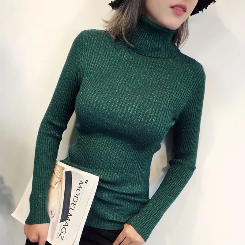 Autumn Winter Women Turtleneck Sweater New Fashion Long Sleeve Bling Lurex High Elasticity Pullover Knitted Jumper Pull Femme | Женская
