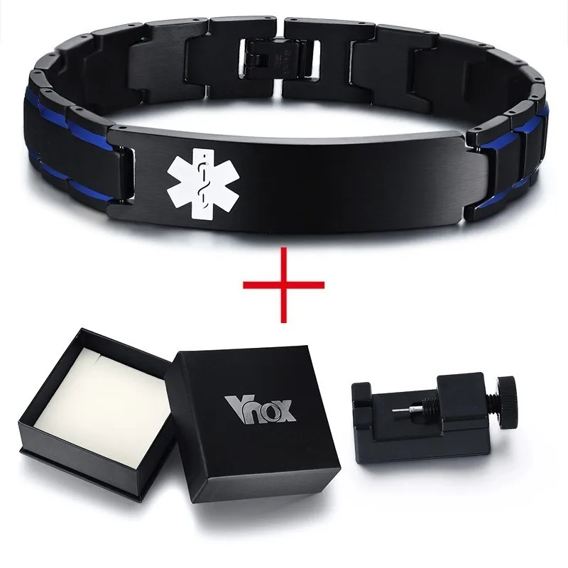 Blue Box Tool Vnox, гравировка, 12 мм, медицинские браслеты для мужчин, нержавеющая сталь, мужской браслет для диабета 1 типа - Окраска металла: Blue Box Tool