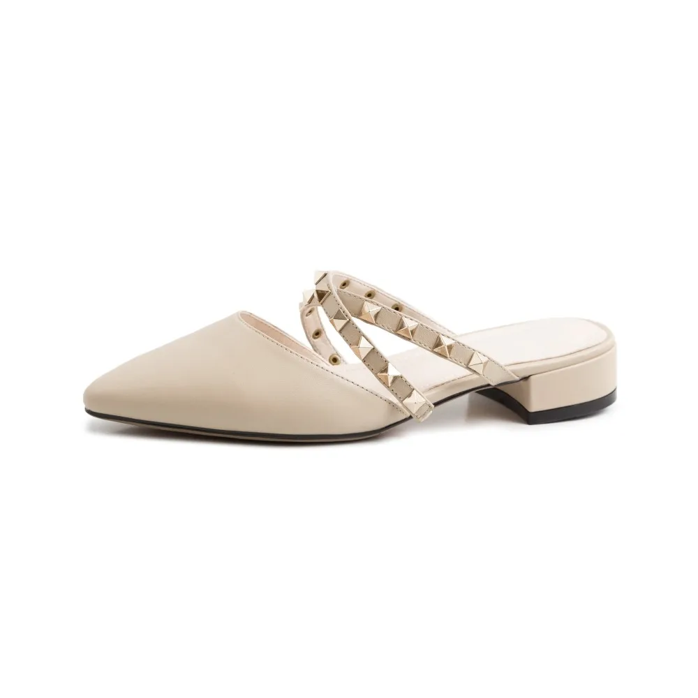 Kmeioo Fashion Rivets Sandals Woman Pointed Toe Square Heels Cross-Tie Low Heel Mule Slides Women Classic Dress Mules Beige | Обувь