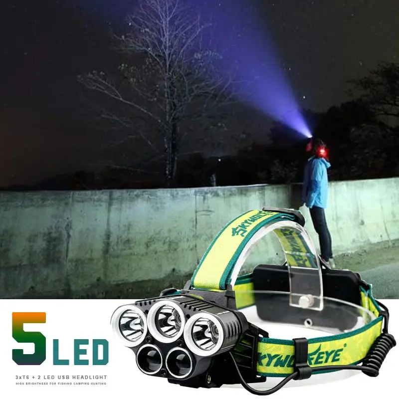 Налобный фонарь 5 светодиодов 3 T6 + 2X pe 18650 лм|Налобные LED-фонари| |