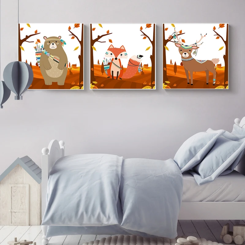 Spray Color Autumn Indian Animals Bear Deer Posters Prints Nordic Kids Room Wall Pictures Home Decorative Canvas Painting | Дом и сад