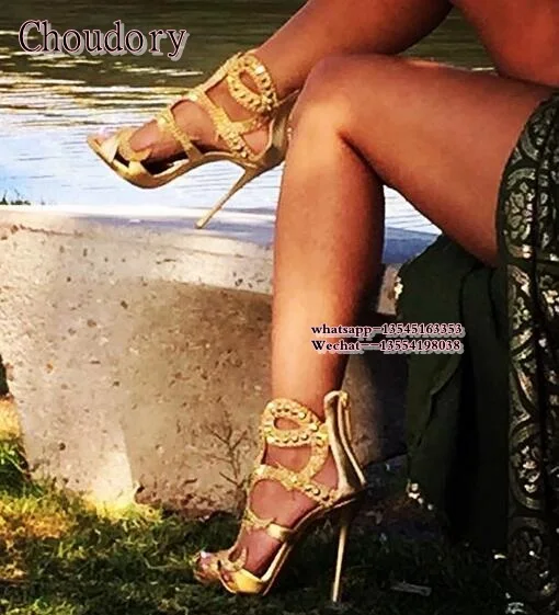 Luxury Brand New Fashion Womens Peep Toe Sandals Rhinestone Cut-outs Gold Back zipper Gladiator High Heels Sexy Pumps | Обувь