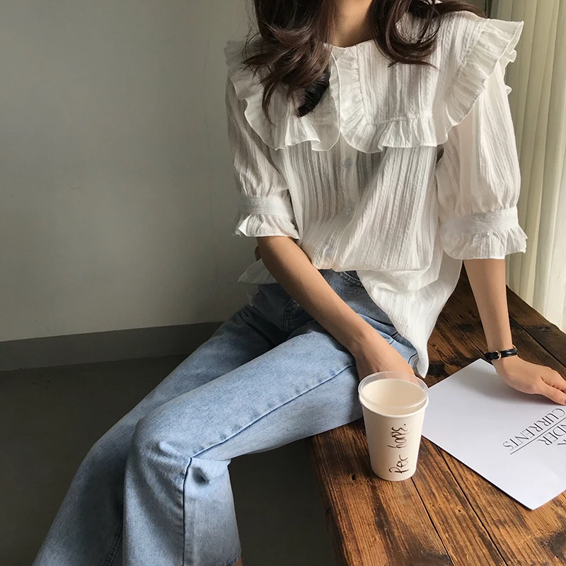 Женская офисная блузка Hzirip однотонная с коротким рукавом и воротником Питер Пэн