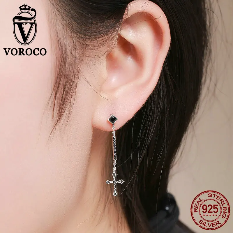 Voroco настоящий 925 пробы серебряные религиозные серьги-капли с крестиком черный циркон Винтажные серьги для женщин Роскошные ювелирные изделия VSE141
