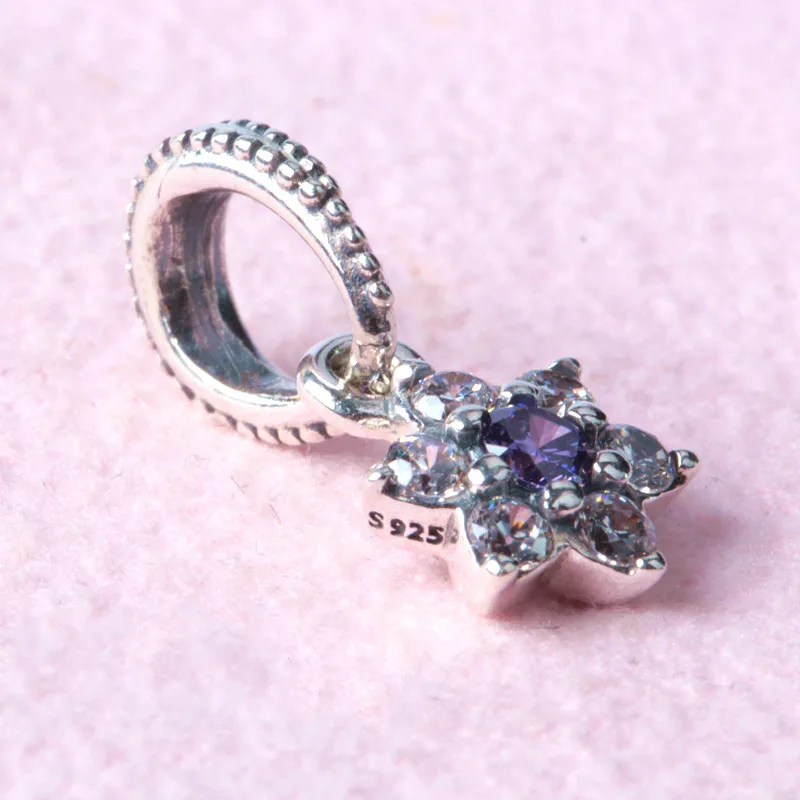 Весенний новый подвесной чарм "Незабудка" из стерлингового серебра 925 с фиолетовым кубическим цирконием, подходит для браслетов Pandora, ювелирных изделий для творчества.