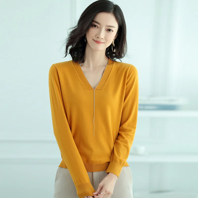Autumn Office Lady Knitted V Neck Long Sleeve 4 Solid Color Sweater Fashion Loose Women Pullover S-xl | Женская одежда