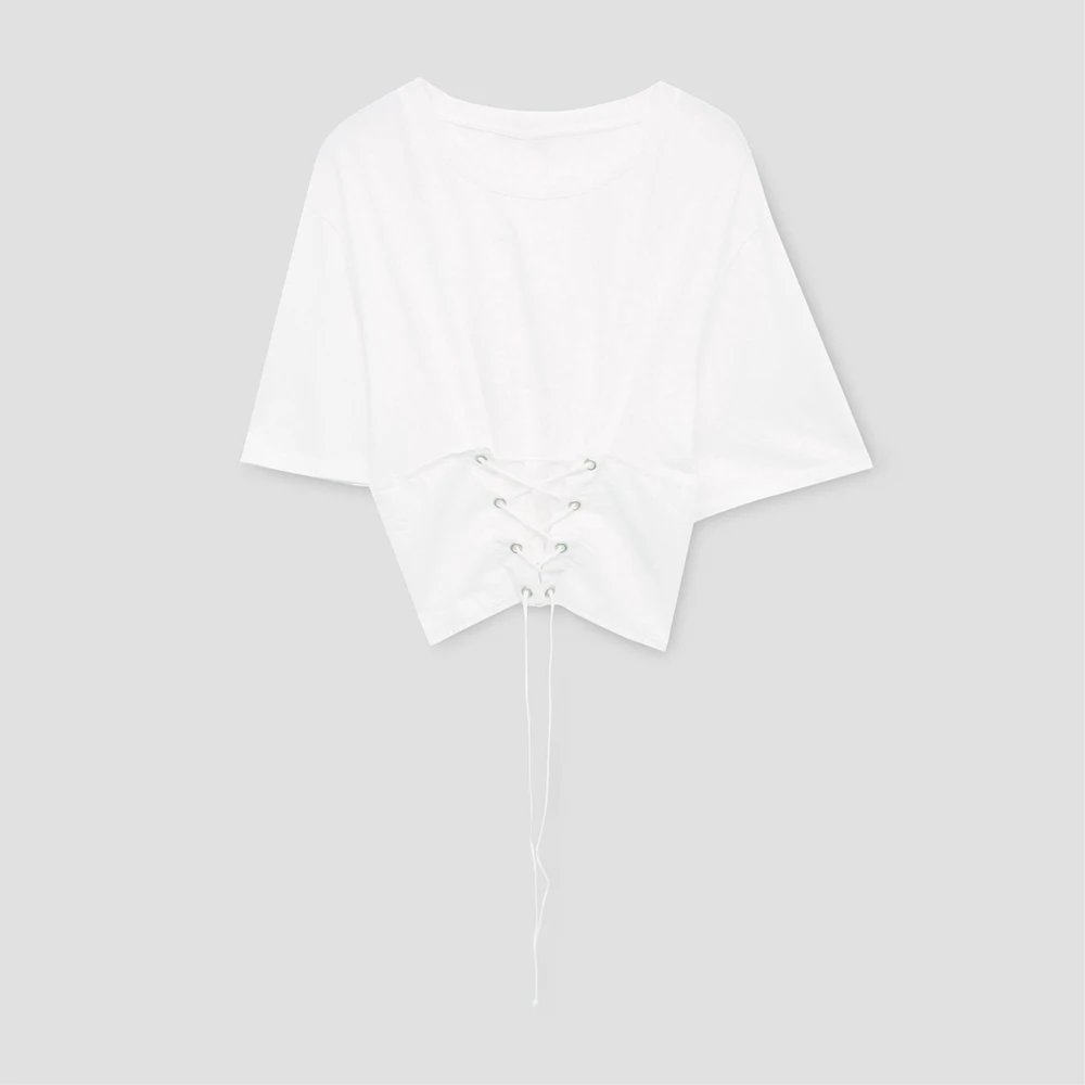 Sheinnet 2017 Solid White Brief Women T-Shirt Lace Up Preppy Chic Crop Tops O-Neck Casual Loose Female Summer Top Tees | Женская одежда