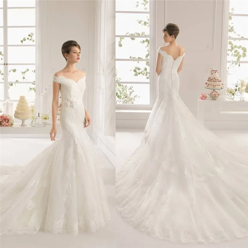 Romantic White Ivory Lace Mermaid Sexy Off Shoulder Wedding Dress Vestidos De Noiva Long Bridal Gowns with Train Appliques | Свадьбы и
