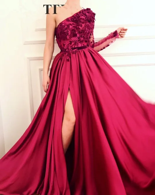 

Muslim Evening Dresses A-line One-shoulder Long Sleeves Lace Slit Islamic Dubai Saudi Arabic Long Elegant Evening Gown