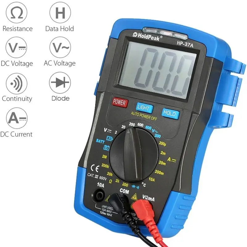 HoldPeak HP-37A цифровой мультиметр Подсветка DC/AC напряжение измеритель тока сопротивление температура батарея Диод Непрерывность тестер
