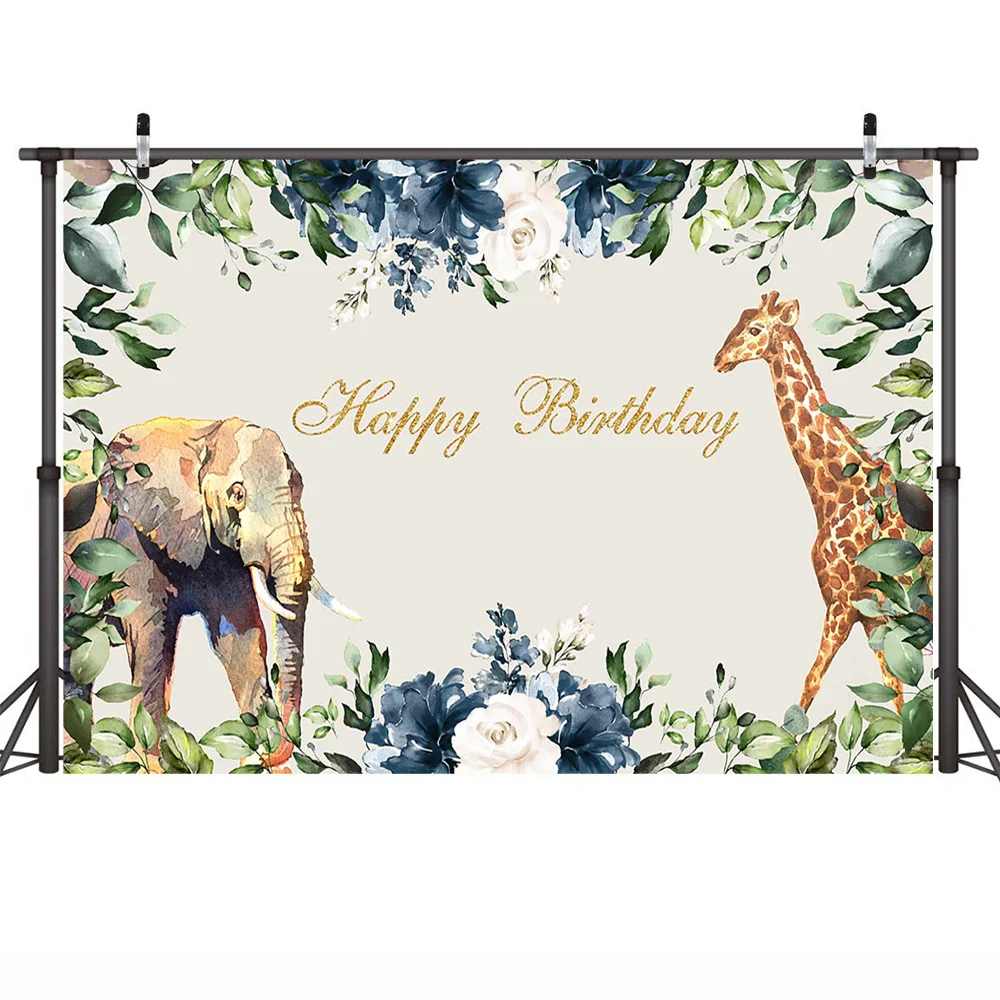 Birthday Party Backdrop for Photography Giraffe and Elephant Photo Background Animal Flower Backdrops Leaves Booth | Электроника