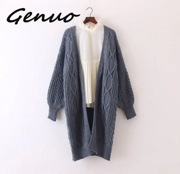 grayblue Genuo новые женские длинные кардиганы осень зима Открытый стежок Вязанный свитер кардиганы V образным вырезом Большие размеры кардиган пальто - Цвет: grayblue