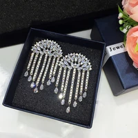 luxury cubic zirconia boucles accessories top quality white gold color tassel dangle earrings for wedding bridal jewelry e 042