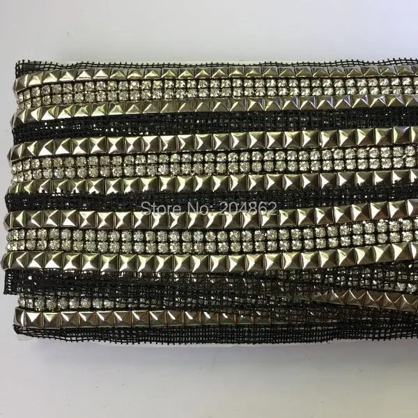 1 ярд винтажная Серебристая черная ткань в виде пирамиды 8 мм со стразами сетчатая