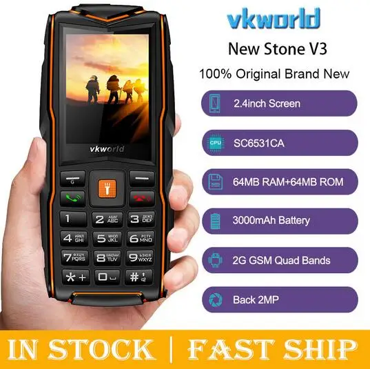 VKWorld камень V3 IP68 Водонепроницаемый 2,4 дюймов 3000 мАч мобильный телефон GSM FM Русская клавиатура 3 слота для sim-карт флэш-светильник мобильный телефон