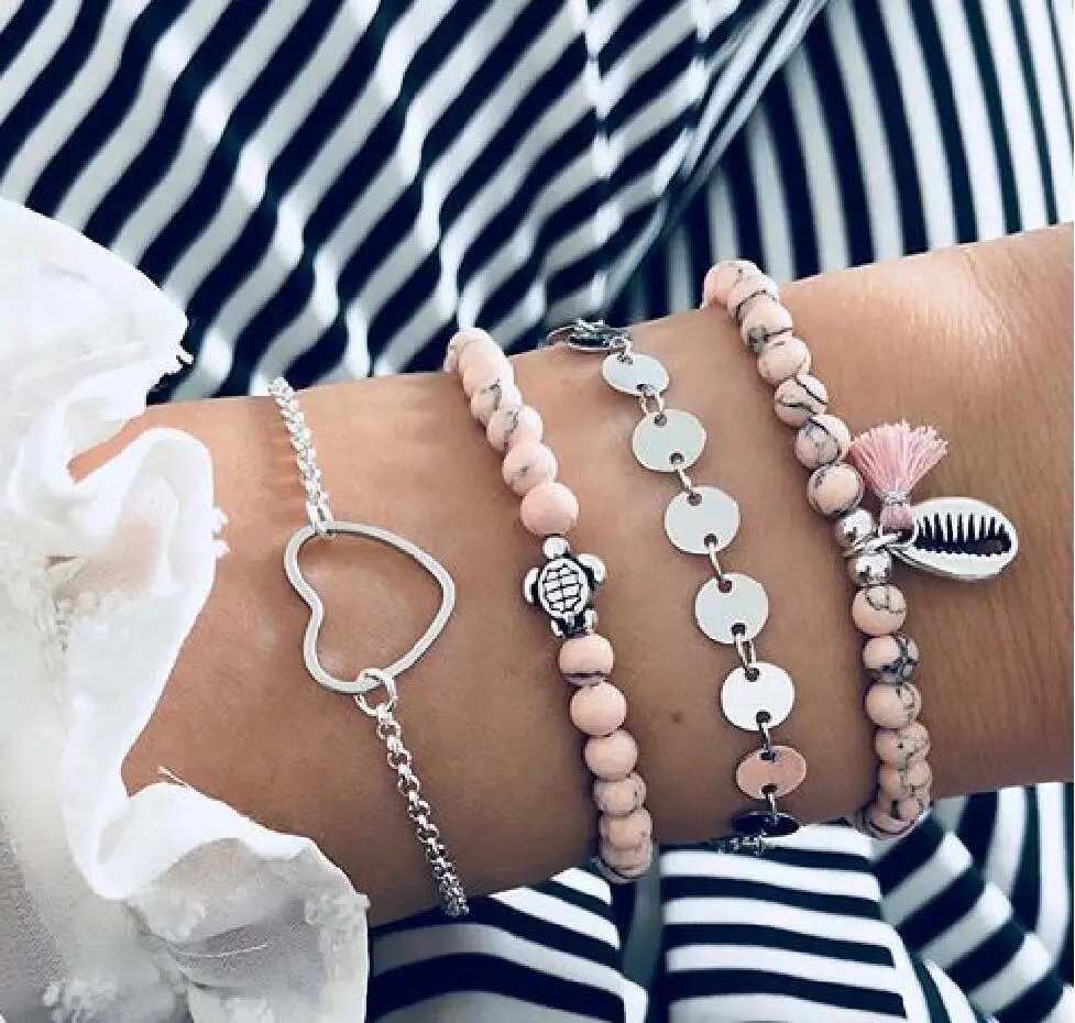

pack of 4 personality faux stone beads bangle bracelet with metal shell and cutout heart design in mixed link chains