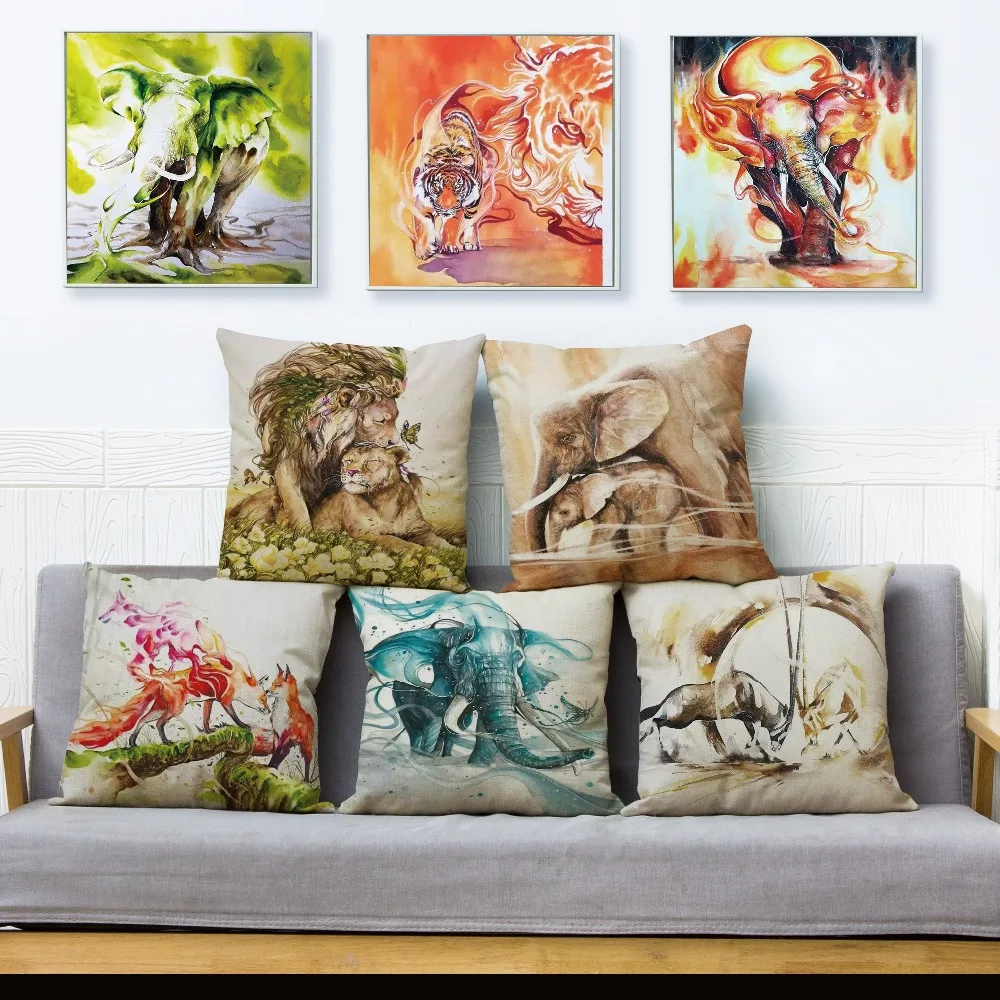 

Oil Painting Watercolor Animal Elephant Cushion Cover Linen 45*45cm Pillow Case Pillow Cover Decor Tiger Horse Pillowcase