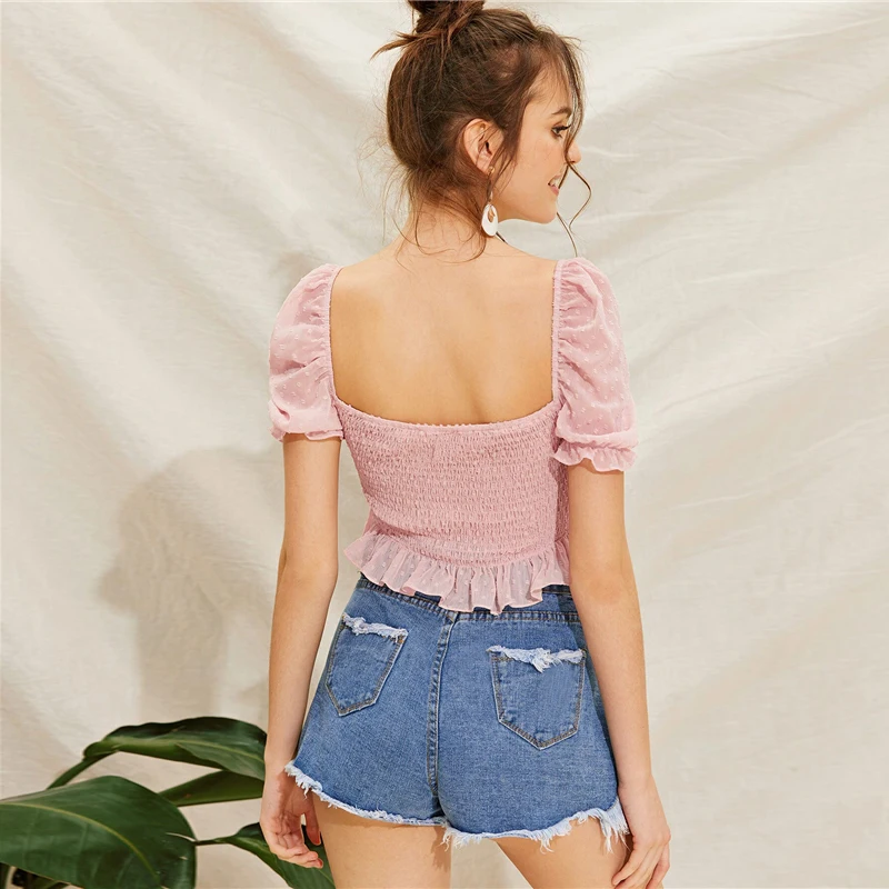 SHEIN Boho Сексуальный розовый Швейцарский горошек гофрированный подол гофрированный укороченный Топ Блузка с пышными рукавами женские летние облегающие милые топы и блузки