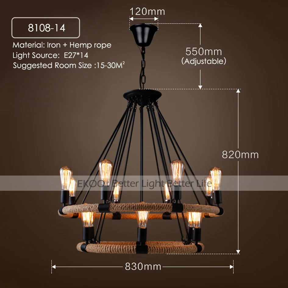 14-Light EKOO старинный фермерский дом веревка E26/27 люстра лампа для кафе баров светильник Лофт домашний Ресторан Бар гостиная - Цвет абажура: 14-Light