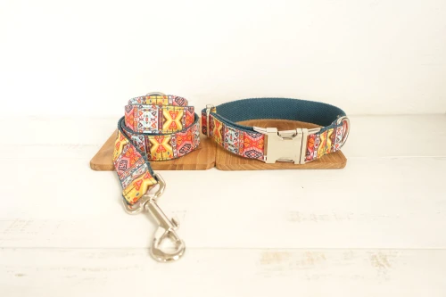 Dog Collar Leash Set MUTTCO, розничная, ручная работа, непромокаемый галстук-бабочка, ошейник для собак в богемном стиле, ошейники и поводки в этническом стиле, 5 размеров UDC050 - Цвет: Dog Collar Leash Set