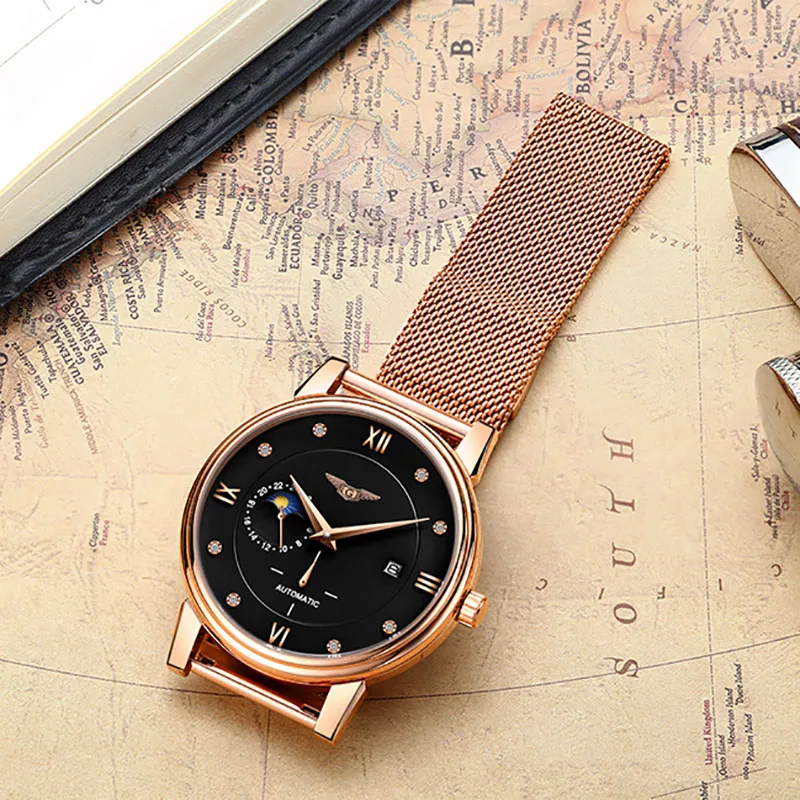 GUANQIN Automatic Watch Men Moon Phase Mens Mechanical Watches Top Brand Luxury Clock Stainless Steel Wristwatch reloj hombre | Наручные