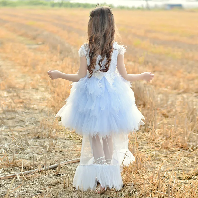 New Lace Feathers Girl Flower Wedding Prom Gown Children Long Trained Evening Dress Girls Events Party Wear Kid Clothing G511 | Детская