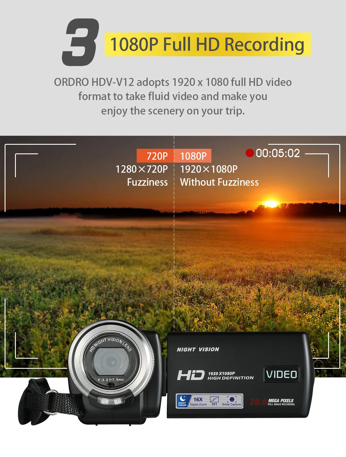 Камера ночного видения Full HD видеокамера 1080P ORDRO V12 Инфракрасный цифровой зум запись камеры