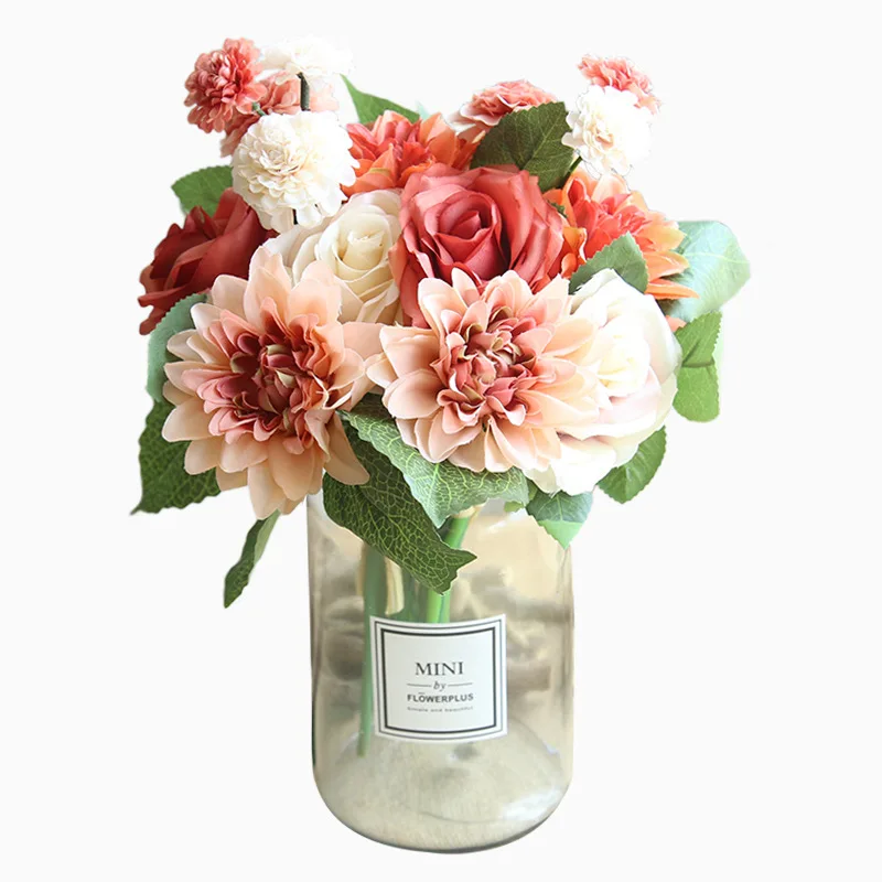 

Wedding Supplies Silk Flower Bouquet Roses Dahlias Artificial Flowers Fake Flower Bridal Room Bouquets Home Party Decorations