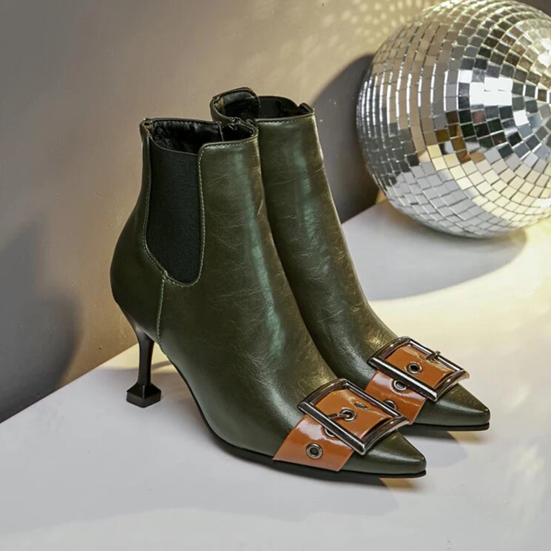 Модная женская обувь на шпильках с острым носком зимние ботинки теплая зимняя из