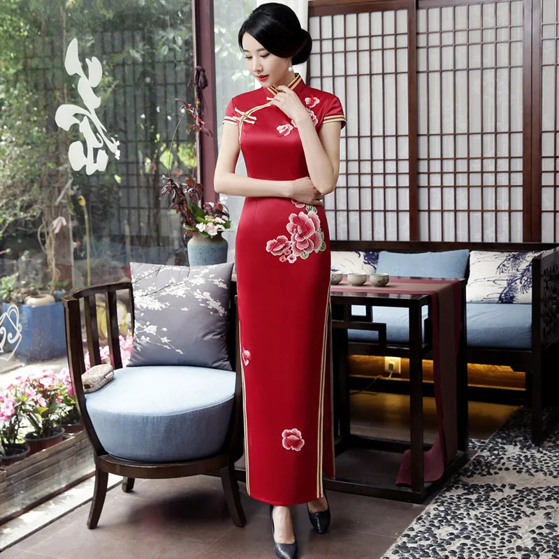 Темно красный новый Mxai Cheongsam винтажный китайский стиль длинное вечернее платье