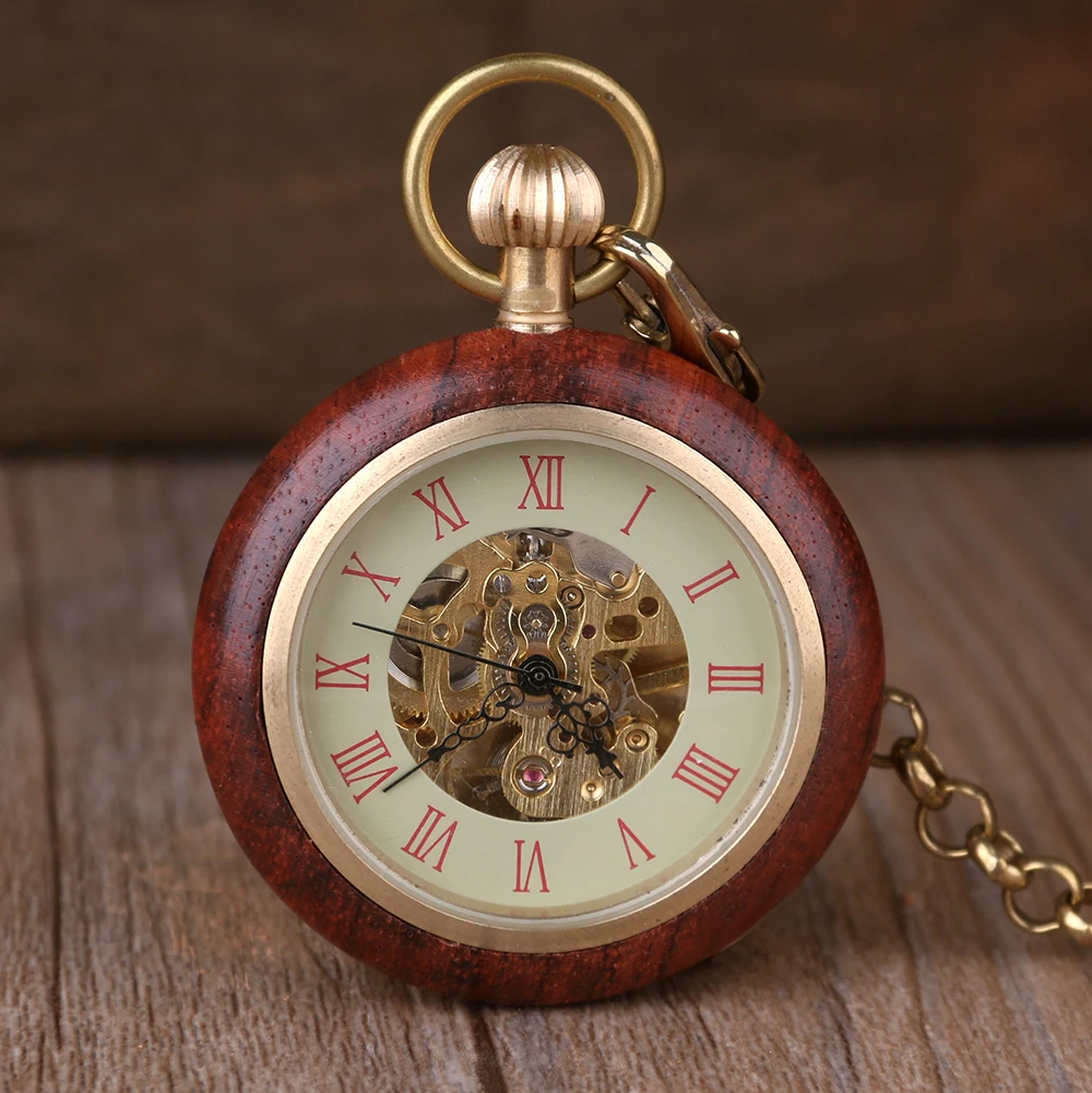Classic Wood Hollow Roman Numerals Digital Mechanical Pocket Watch Vintage Gentleman Pendant Accessories Clock Men's Gift
