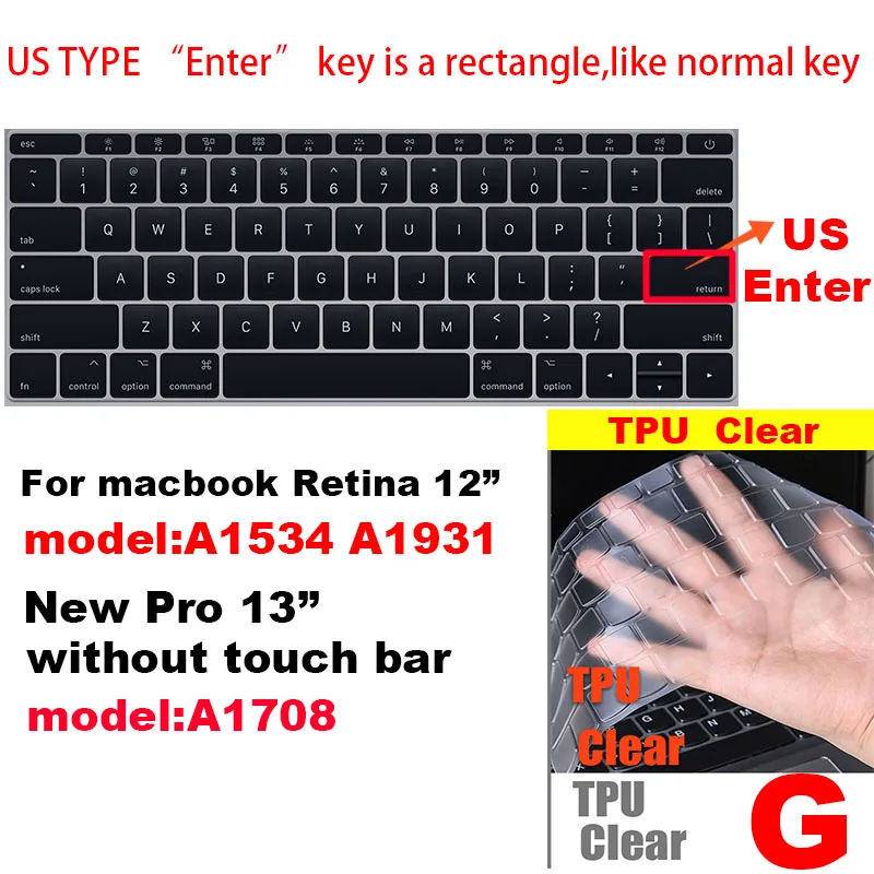 G Для Apple Macbook air pro retina EU/US версия A1466/1502/1398/1534/1990 Клавиатура Чехол Silica гелевый из термопластика прозрачный протектор пленка - Цвет: G