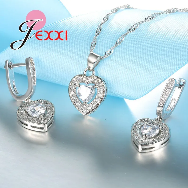 Romantic Women Wedding Birthday Gifts Luxury Rhinestone Big Crystal Jewelry Fashion Silver Heart Necklace Earrings Set | Украшения и