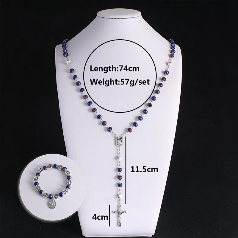 Коми Новая мода 8 мм синяя бусина кулон в форме Креста с Иисусом ожерелье браслет