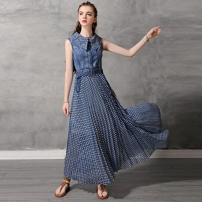 Синий Летнее платье юзи. Мая Boho новые джинсовые женские платья без рукавов с кружевным отложным воротником и поясом из шифона в стиле пэчворк Vestido A82173 - Цвет: Синий