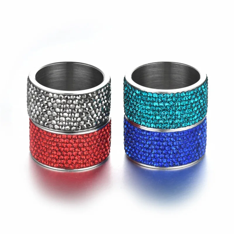 

New Crystal Ring 11MM 8 Style Color Full Drilling Women Ring Stainless Steel Big Rings for Women Punk Men Ring bague femme