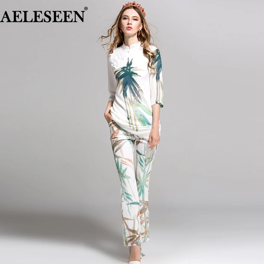 

AELESEEN Элегантный комплект 2021 Осенняя мода Cheongsam воротник свободный X-Длинный топ + бамбуковые листья принт полная длина Панты женский костюм