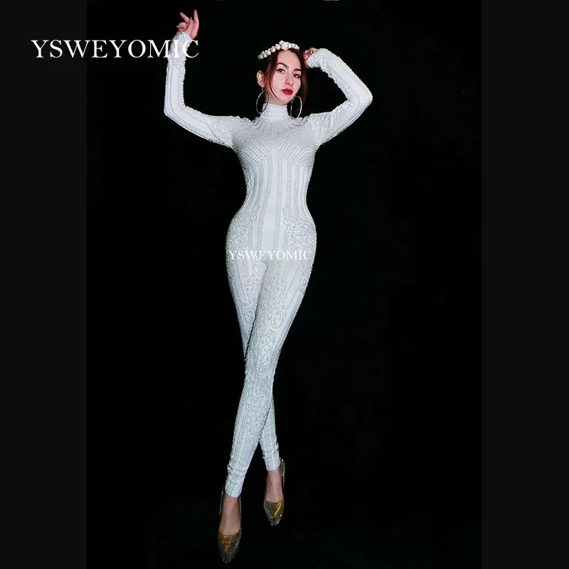 Высококачественное эластичное боди с белым жемчугом одежда для сценического