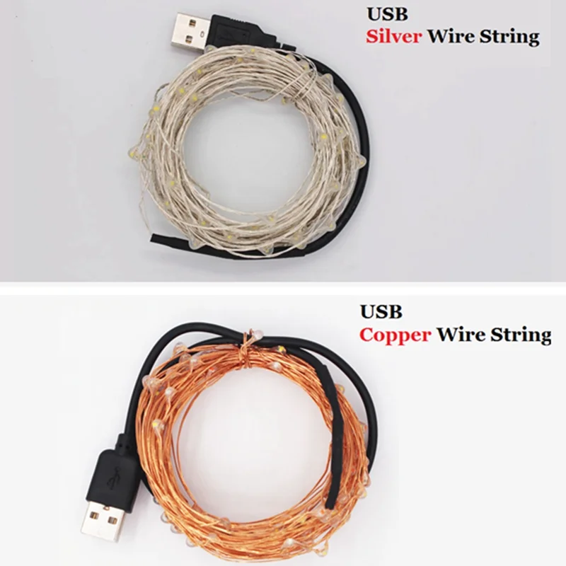2 м, 5 м, 10 м, 5 в постоянного тока, светодиодный светильник с питанием от USB, медная/серебряная линия, гирлянда для рождественских венков, вечерние, свадебные украшения, сказочный светильник s