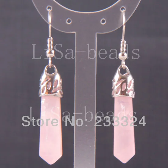 Бесплатная доставка, модные ювелирные изделия 7x34 мм, висячие серьги с натуральными розовыми кристаллами и гранеными бусинами, 1 пара, U245