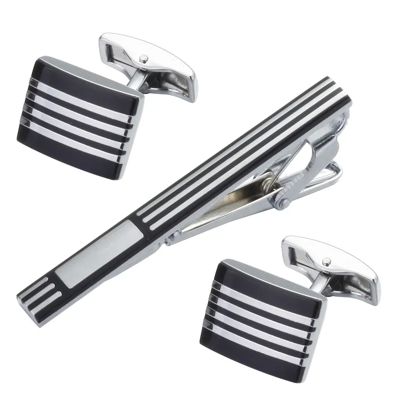 

A luxury black enamel Square Silvery Stripe Tie Clip Cufflinks Gift Set Mens Wedding Jewelry Tie Shirt Cufflinks tie clip box
