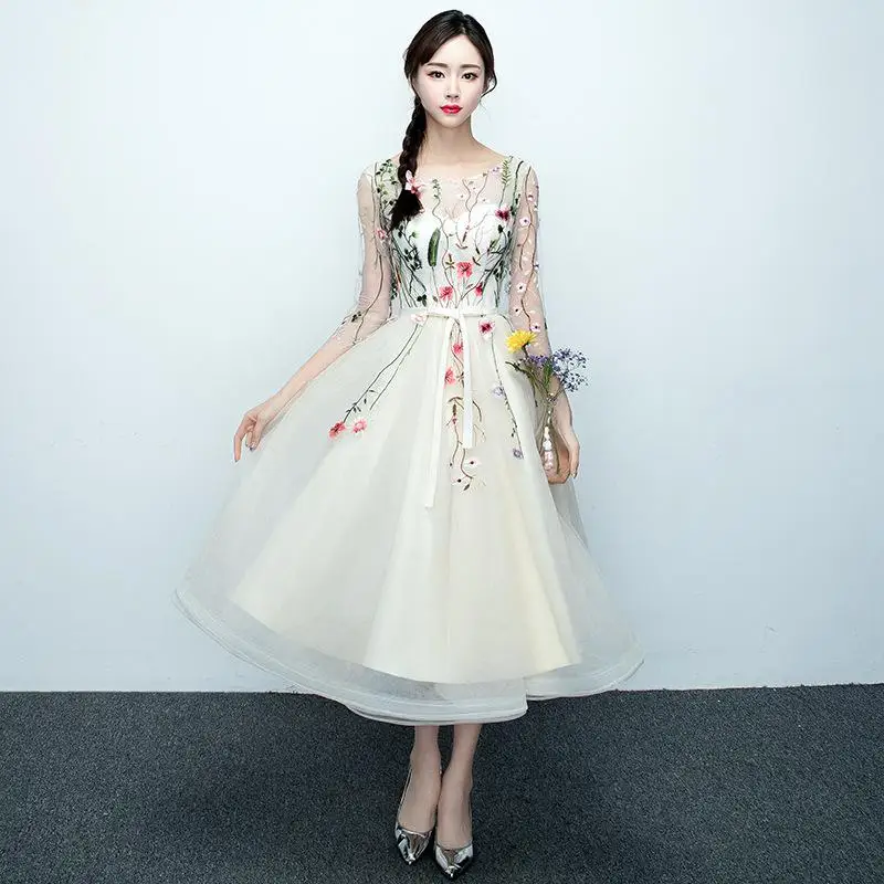 Элегантное, тонкое, женское, с круглым вырезом, улучшенное, Cheongsam, с сетчатыми рукавами, сексуальное, длина до пола, вечернее платье, цветочное, для подружки невесты, свадебное, вечернее платье - Цвет: Middle B