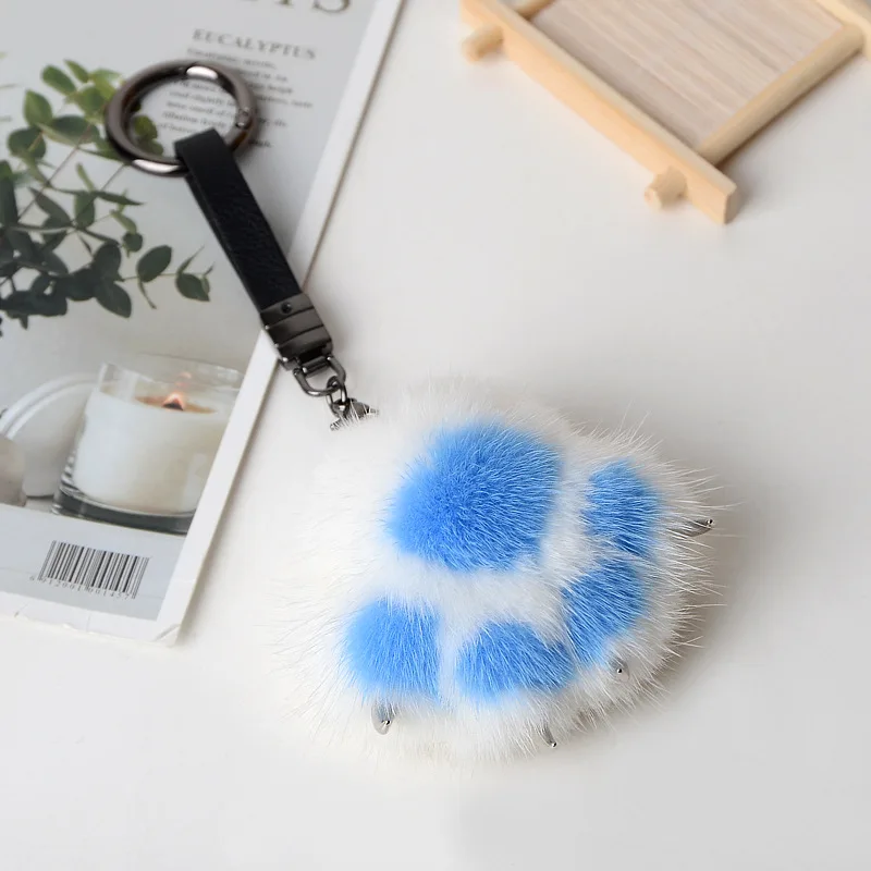 White Blue Настоящий норковый мех кошачья лапа брелок сумка Висячие Подвески Аксессуары для мобильных телефонов автомобильные женские Брелки с помпоном - Цвет: White Blue