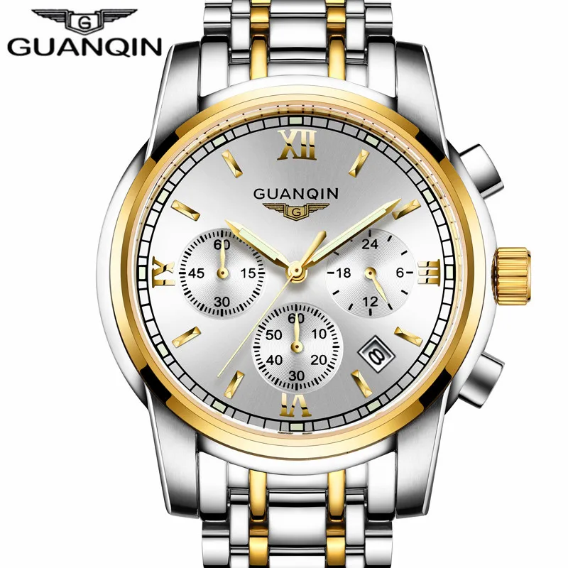 Gold White GUANQIN мужские часы Топ бренд Роскошные модные бизнес хронограф кварцевые часы для мужчин Спорт Нержавеющая Сталь Водонепроницаемые наручные часы - Цвет: Gold White