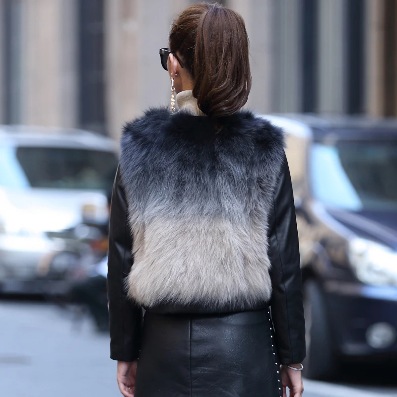 

Women's Spring Jacket Real Fur Jacket with Sheep Leather Sleeve Natural Fox Fur Gradual Color rf0068